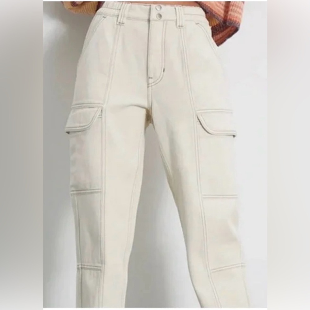 PacSun Elastic Waist Cargo Pants Bone Color Brown Stitching Size Medium - Picture 2 of 10